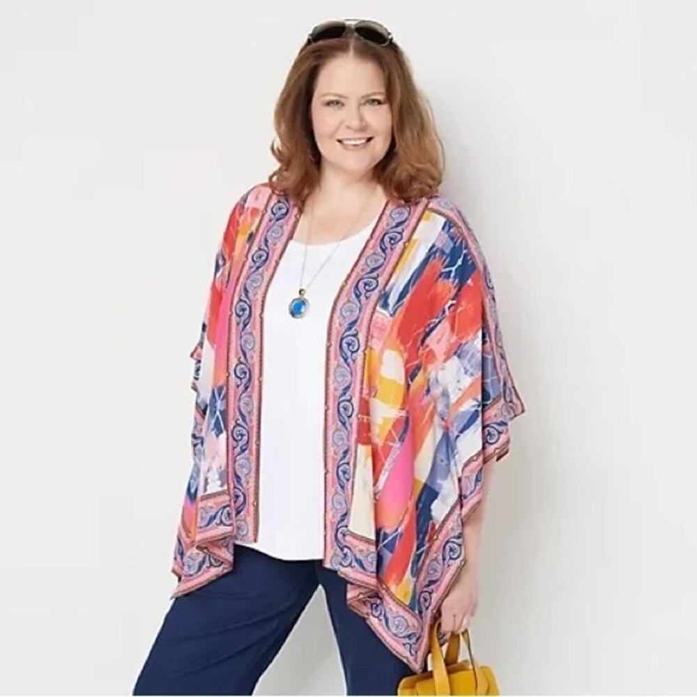 [Tolani Collection] Open Front Watercolor Abstract Print Kimono Coverup Top 2X